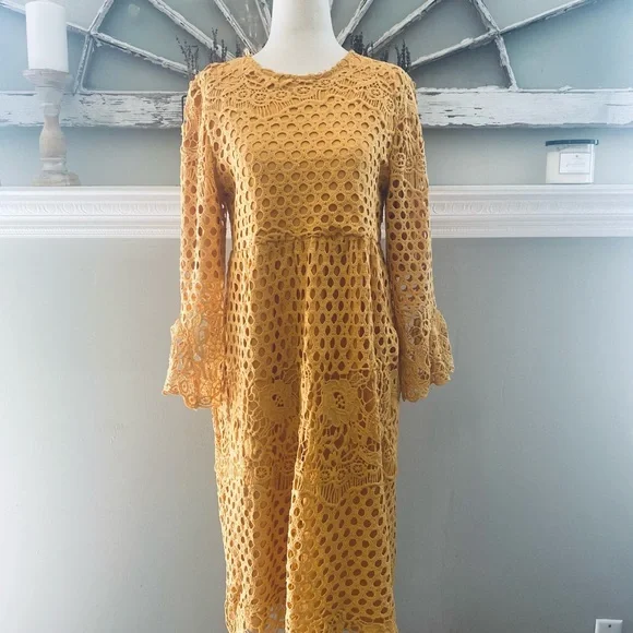 Orange Creek Mustard Lace Midi Dress Size Small - Picture 6 of 16